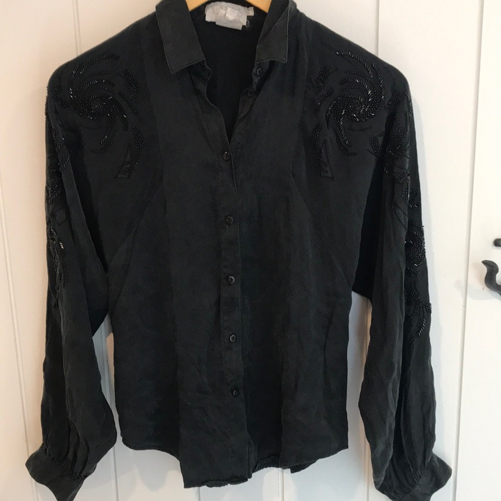 Black Beaded Button-Up Shirt